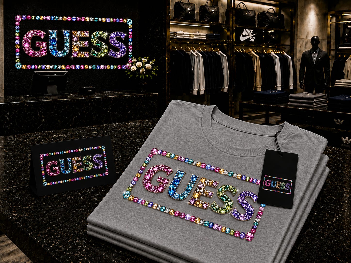 koszulka damska szara- guess kryształki